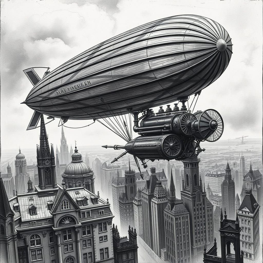 Steampunk Airship Over Victorian City in Charcoal Style