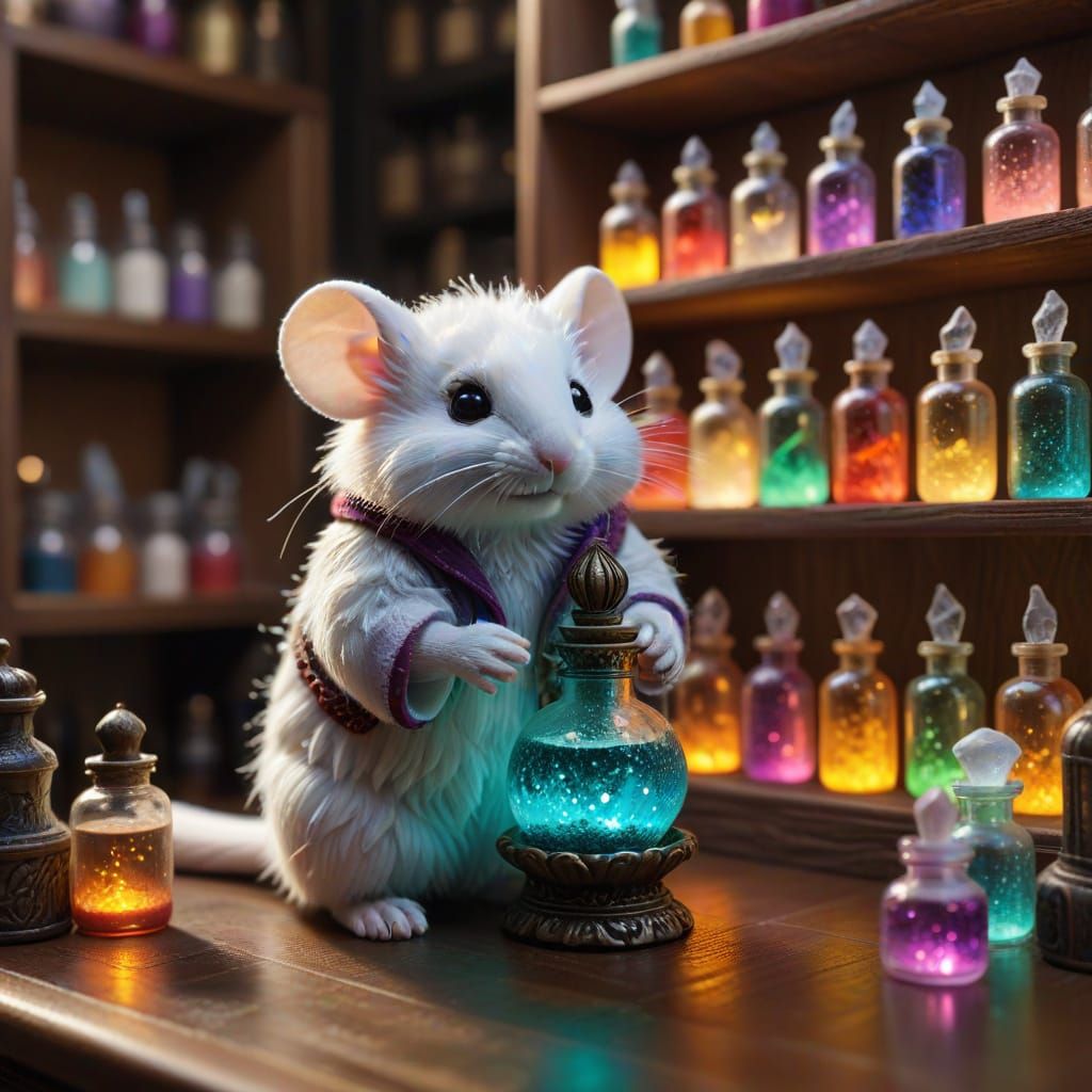 Whimsical Alchemist Mouse Holds Glowing Potion Bottle