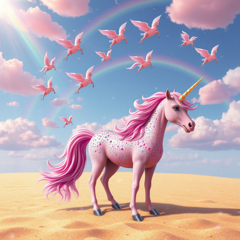 Whimsical Pink Unicorns and Pegasus in Gemstone Rain