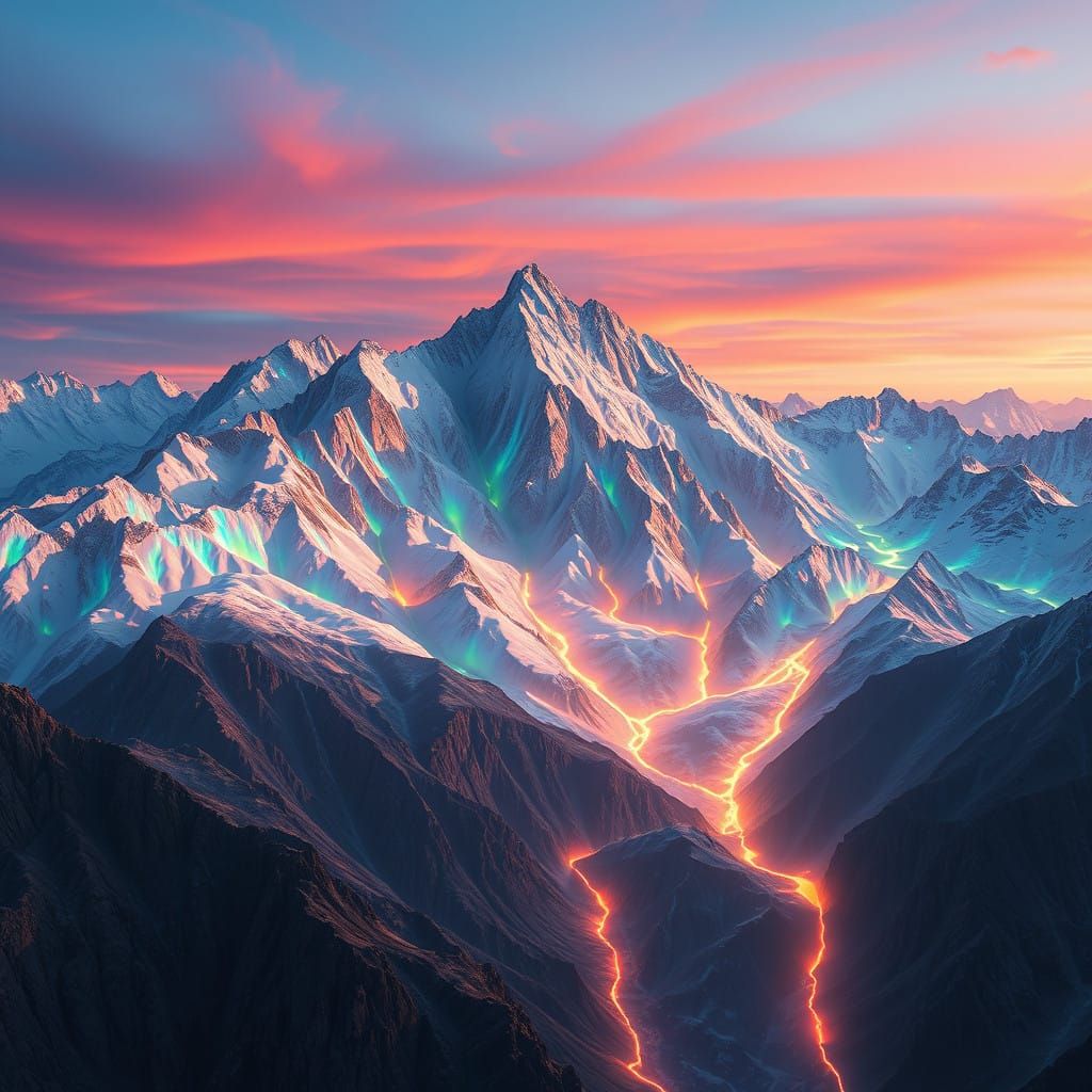 Iridescent Opal Mountains Glowing in Hyperrealistic Beauty