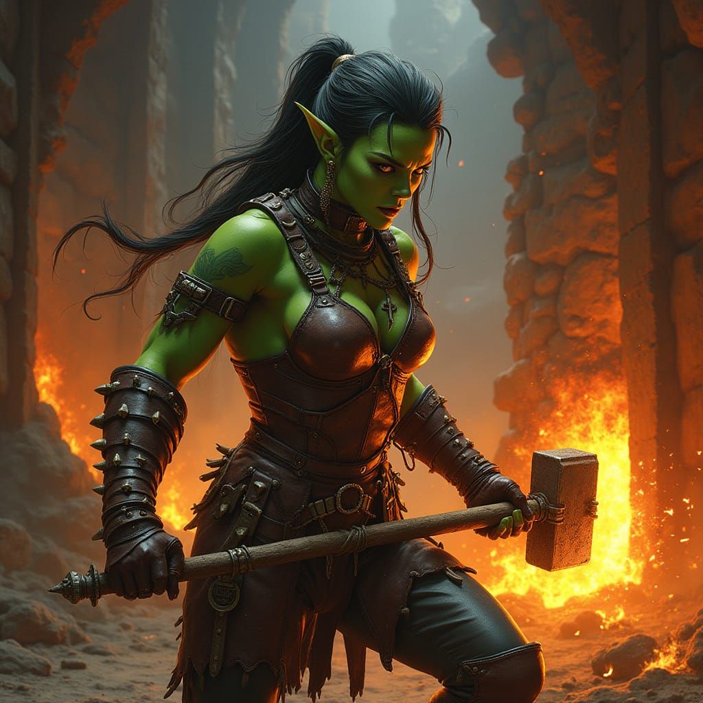 Fiery Half-Orc Blacksmith in Dark Fantasy Style