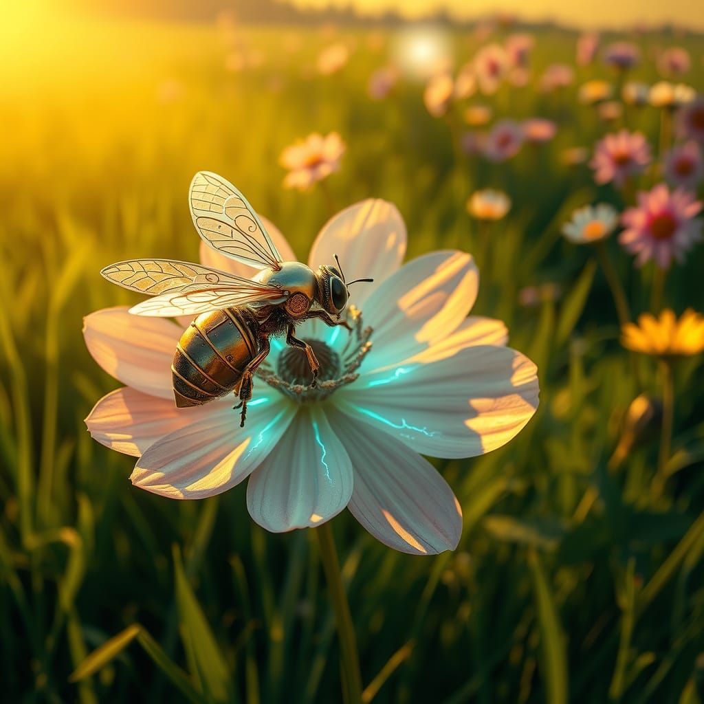 Steampunk Bee Approaches an Electric Bio-Mechanical Flower i...