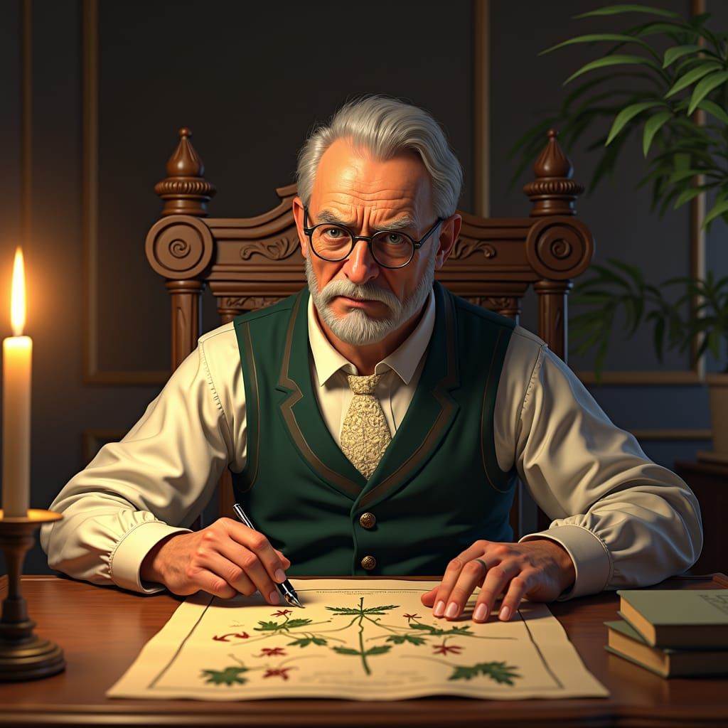 Carl von Linne Writing About Plant Taxonomy as 3D Anime Art
