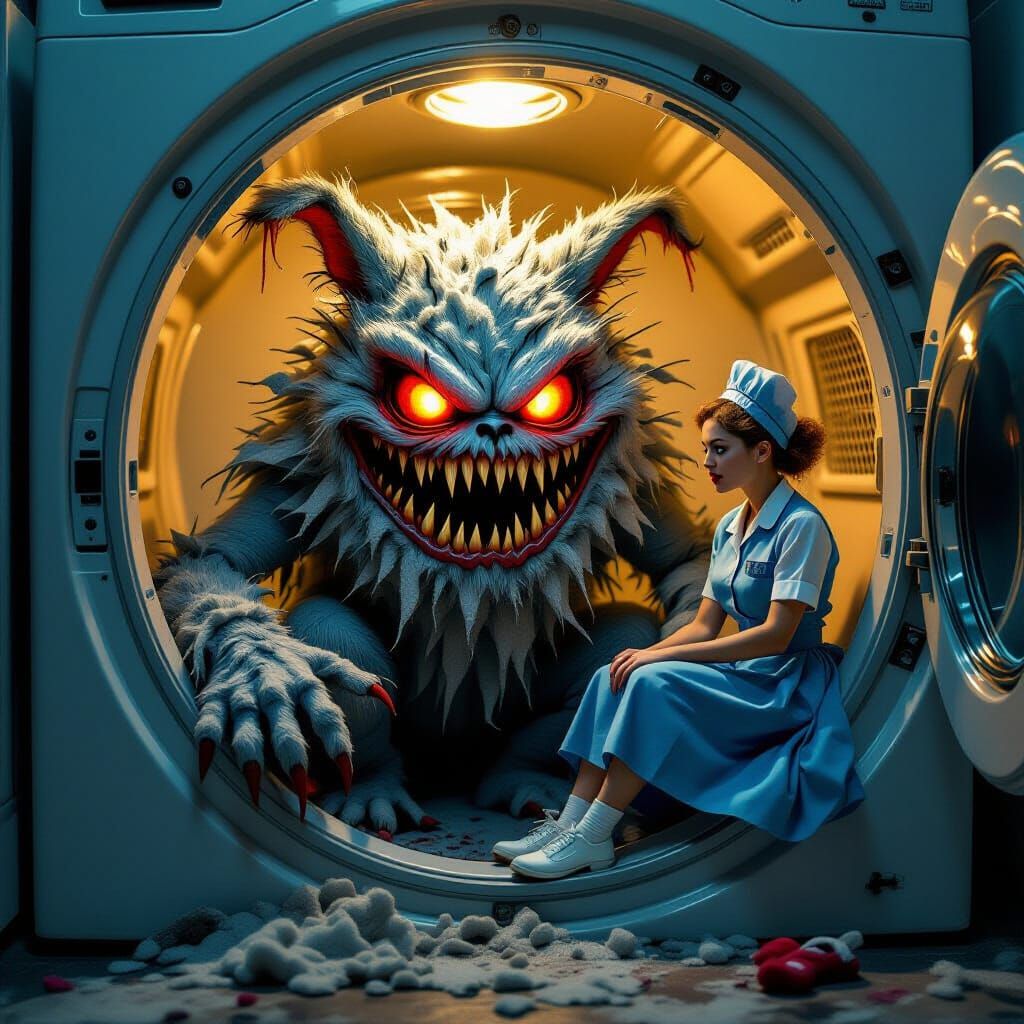 Gothic Horror Dust Bunny Attacks Laundry Maid