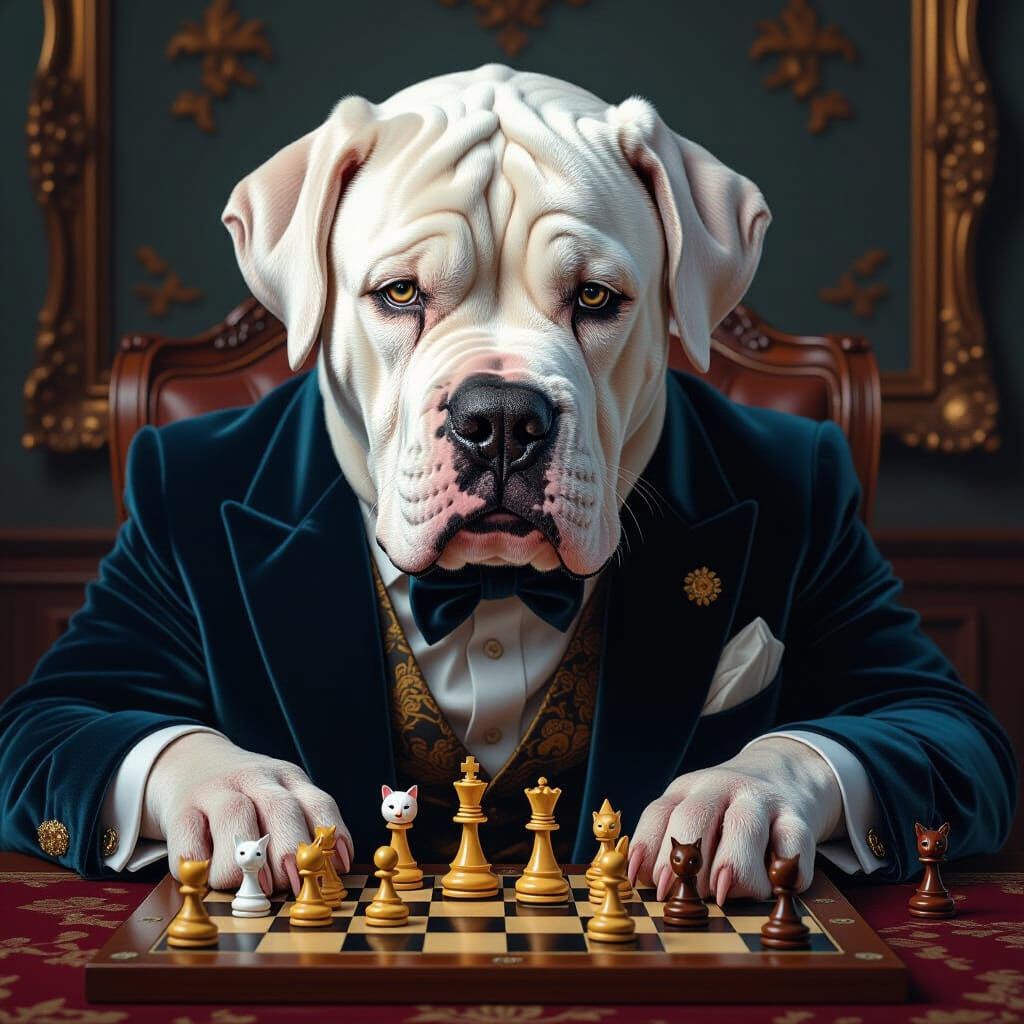 Mastiff Plays Cat Chess in Hyper-Realistic Style