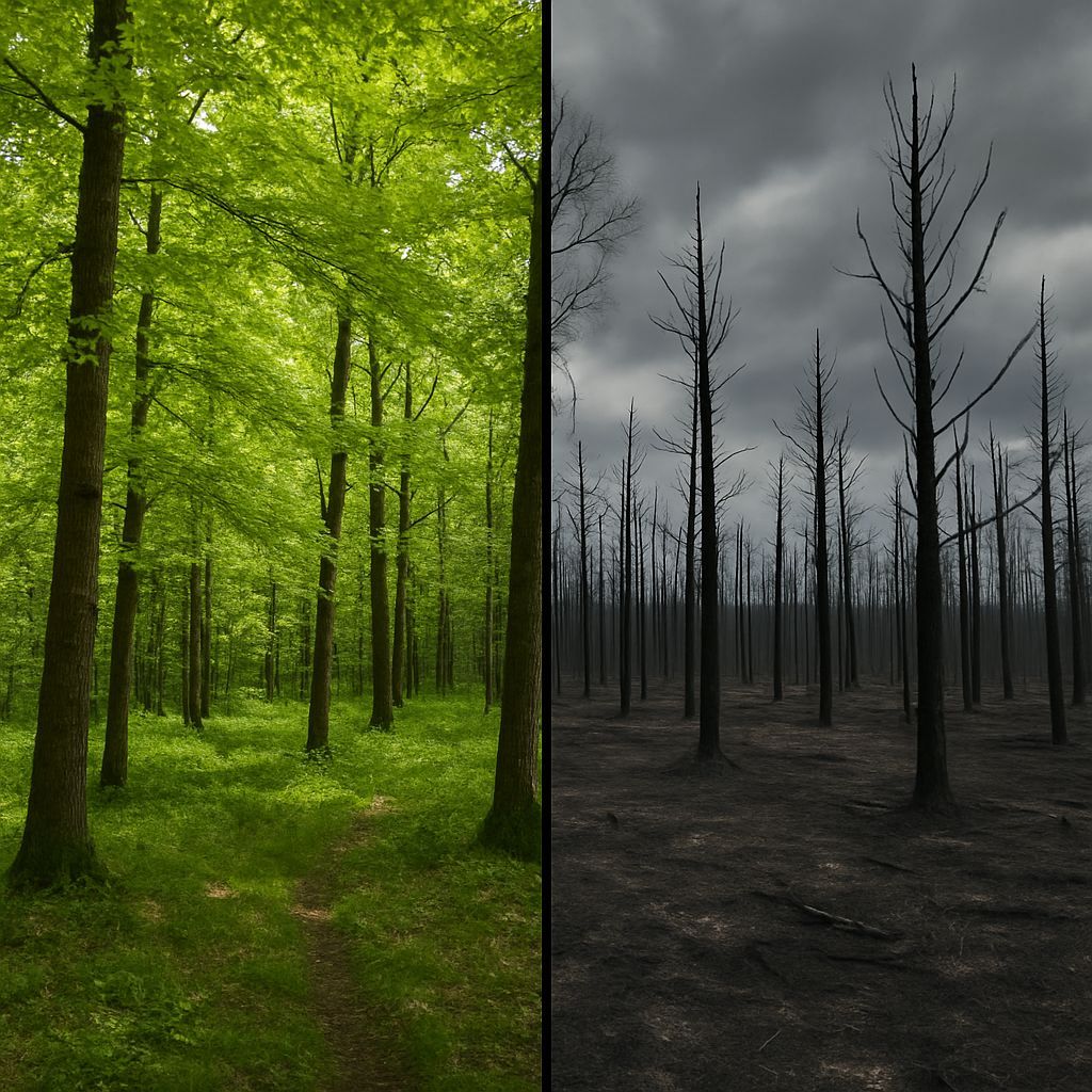 Contrasting Forest: Spring Growth vs. Fire Devastation