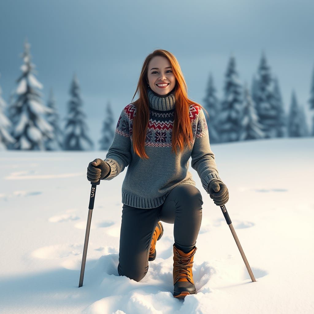 Winter Athlete in Fair Isle Sweater, Standing in Pristine Sn...