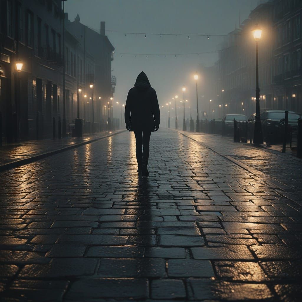 Gloomy Seaport Evening with Blurred Lights and Rain