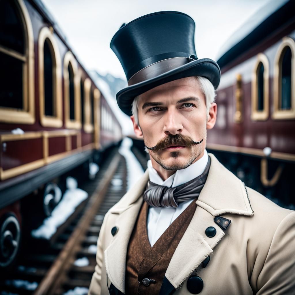 Steampunk Man on the Orient Express in Snowy Mountains