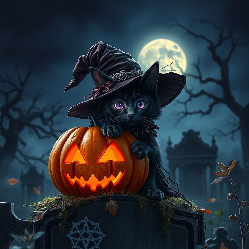Halloween Cat in Cemetery, Gothic Fantasy Style