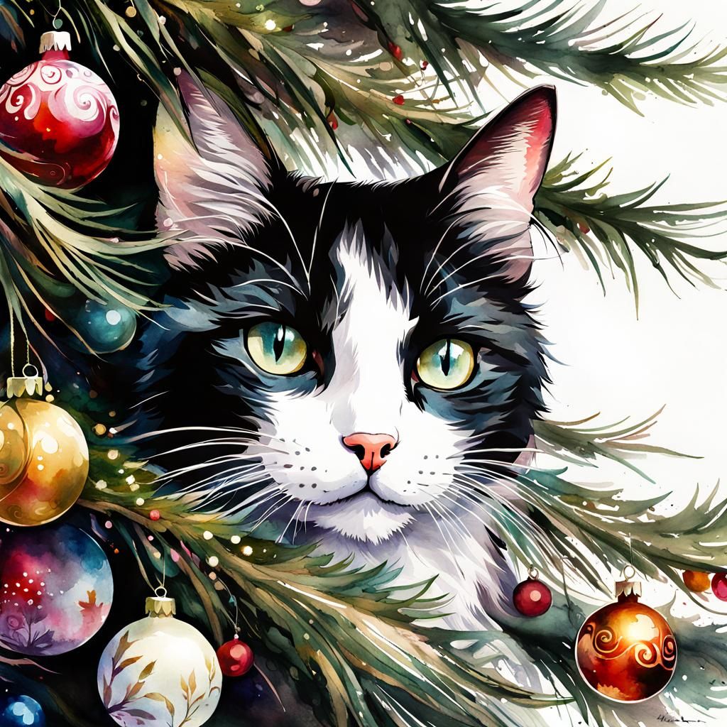 Festive Cat in Christmas Tree: Watercolor Illustration