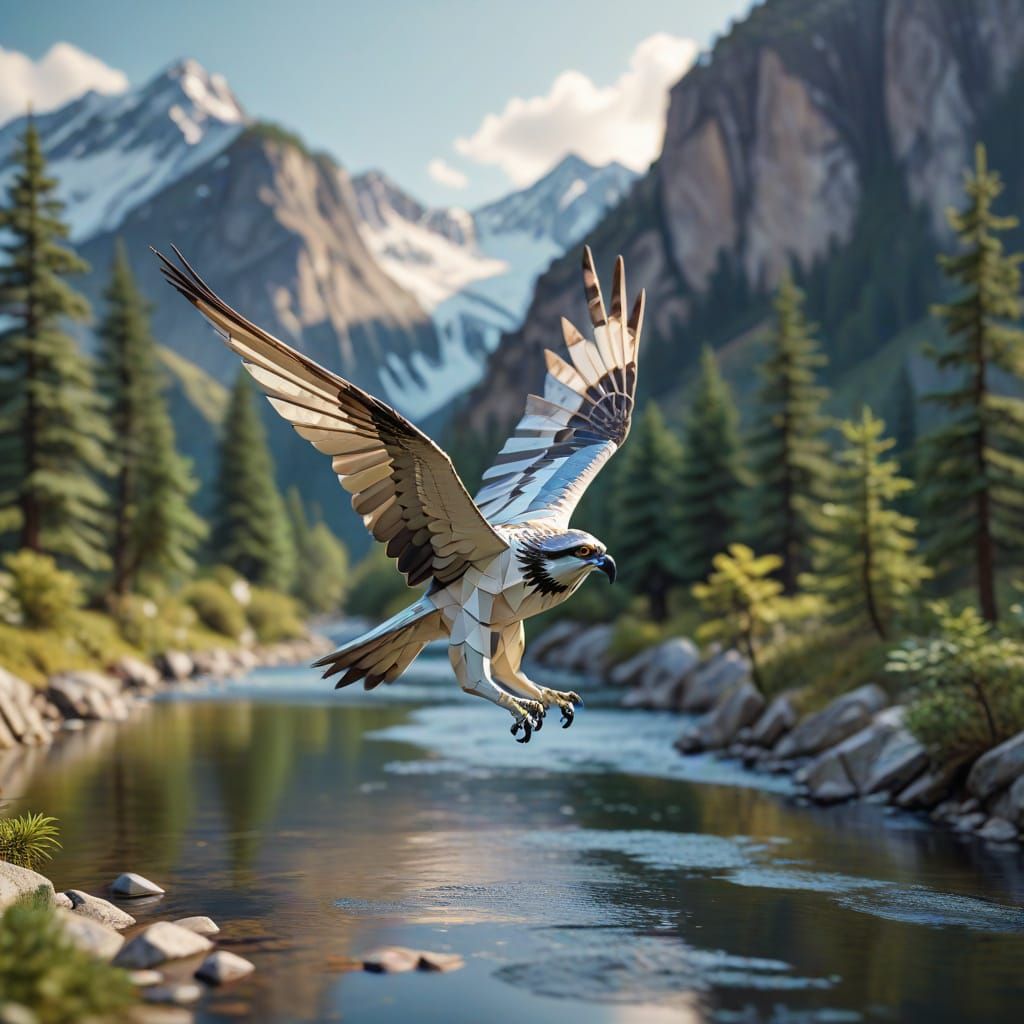 Origami Osprey Soars Over River Basin in Papercraft Art