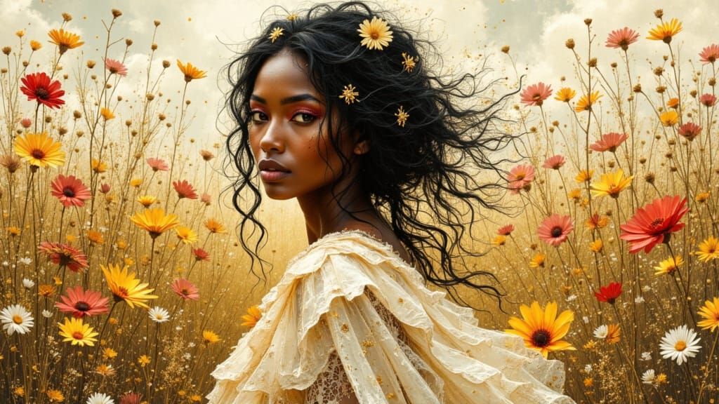 Black Woman in Wildflower Field, Art Nouveau