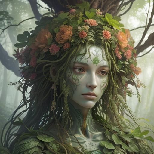 Humanoid Plant Creature in Lush Forest: Botanical Art