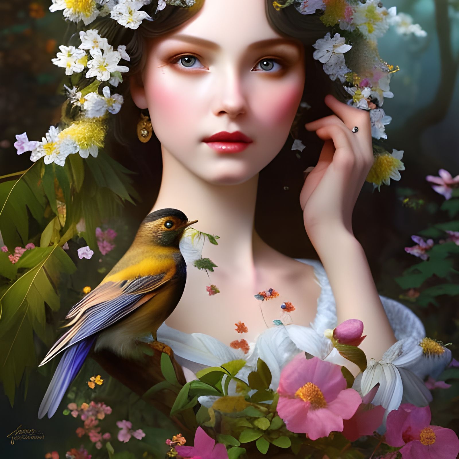 Little Fairy with Vibrant Floral Surrounds in Intricately De...