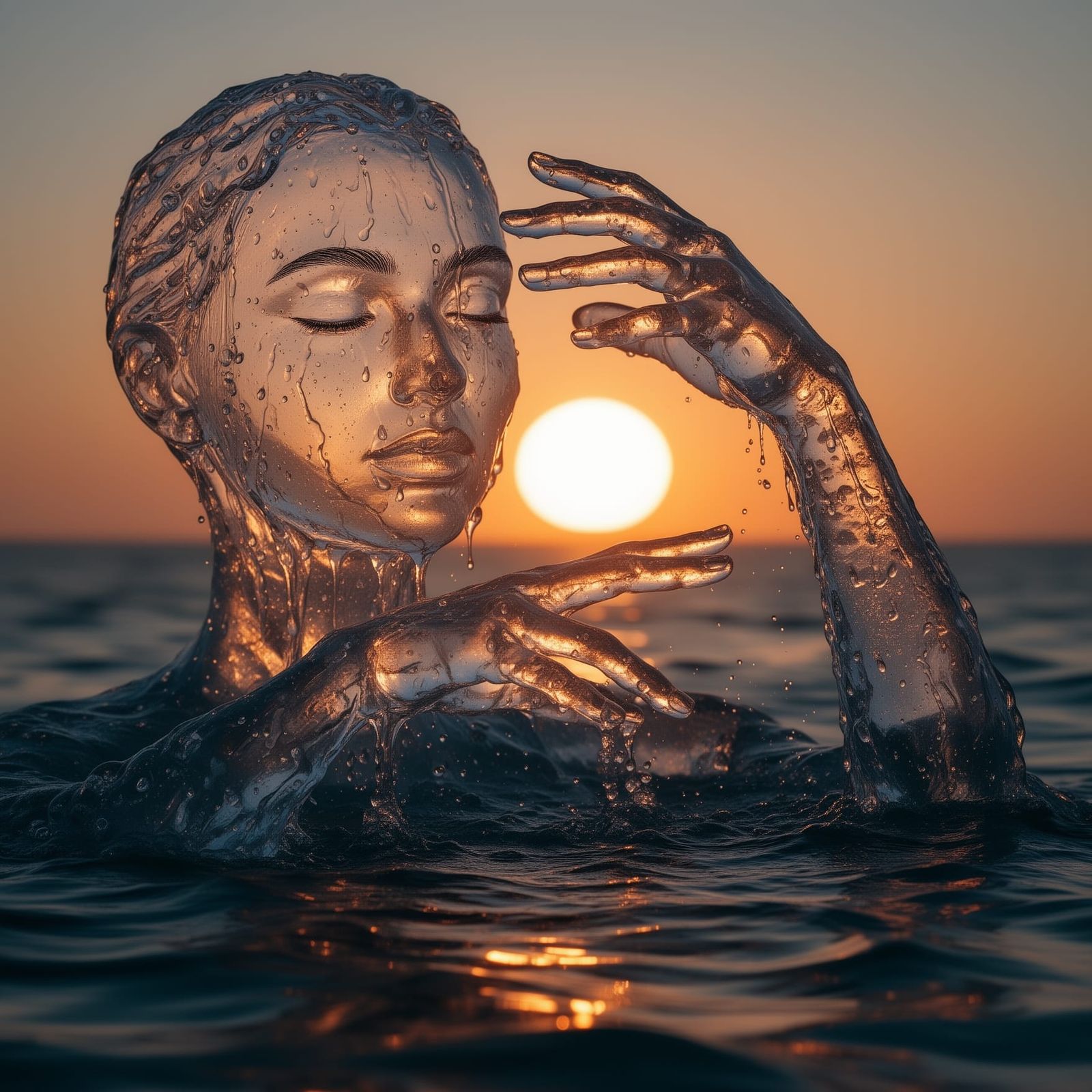 Human Head Made of Water in Sunset Sea
