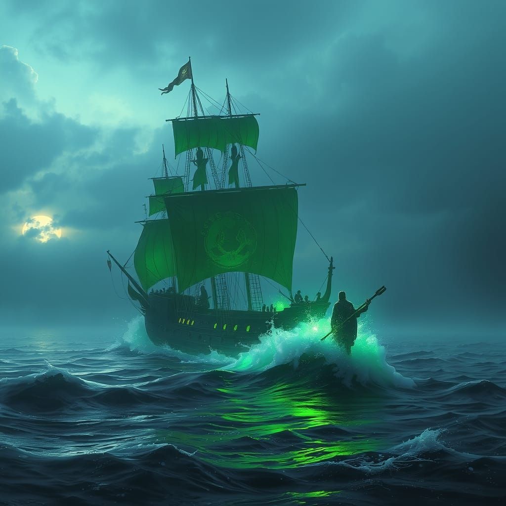 Ghostly Pirate Ship Sets Sail in Ethereal Green