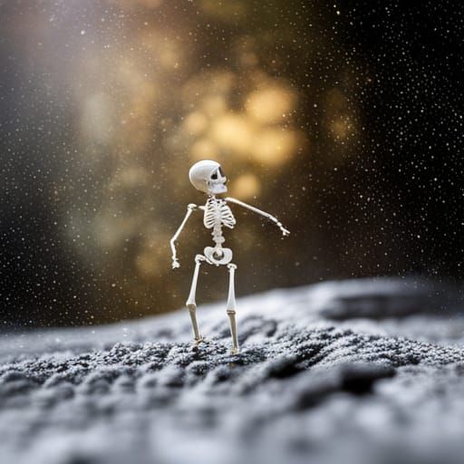 Miniature Skeleton in Cosmic Expanse: Digital Art
