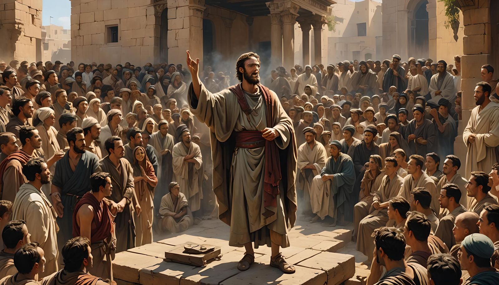 Apostle Addresses Crowd in Ancient Israel Setting