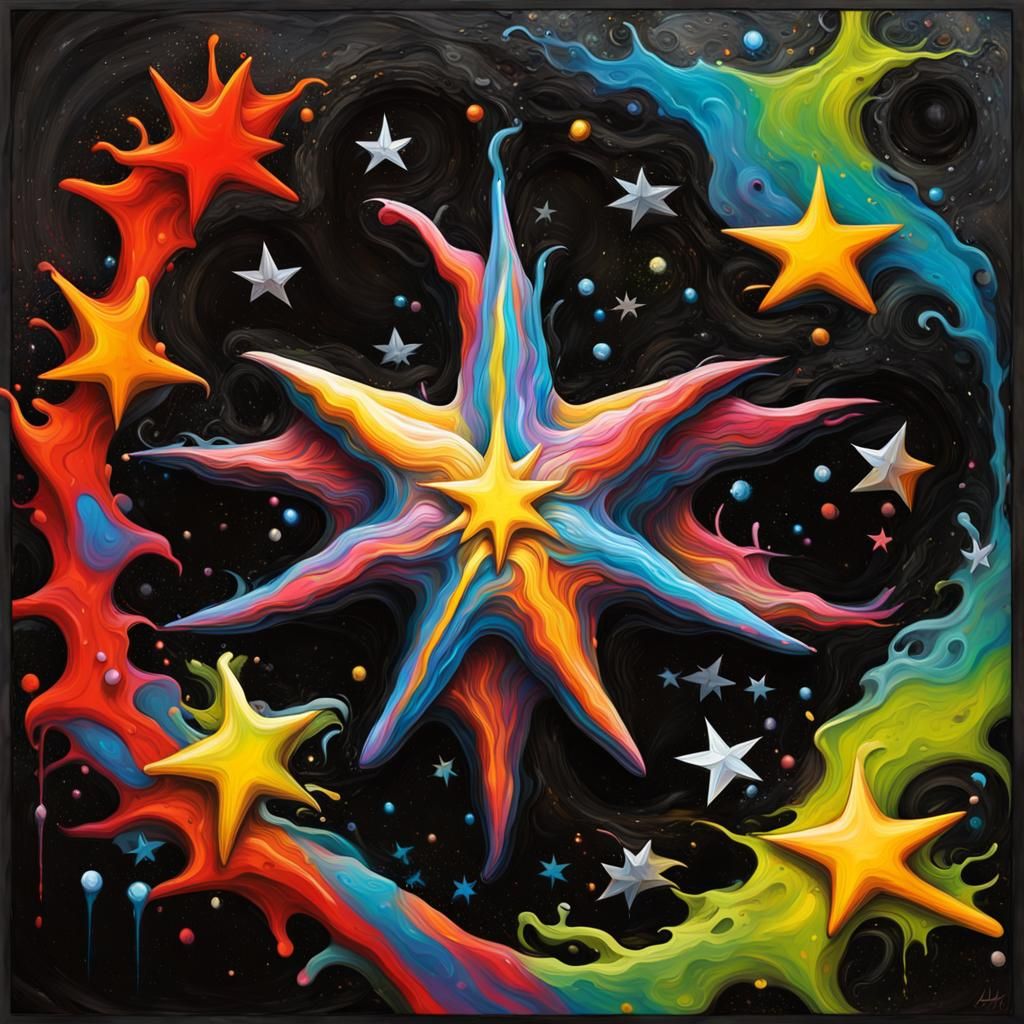 Electromagnetic Star in Vivid Impasto Graffiti Art