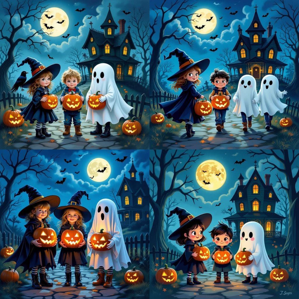 Kids Halloween Party with Witch, Raven, and Ghosts