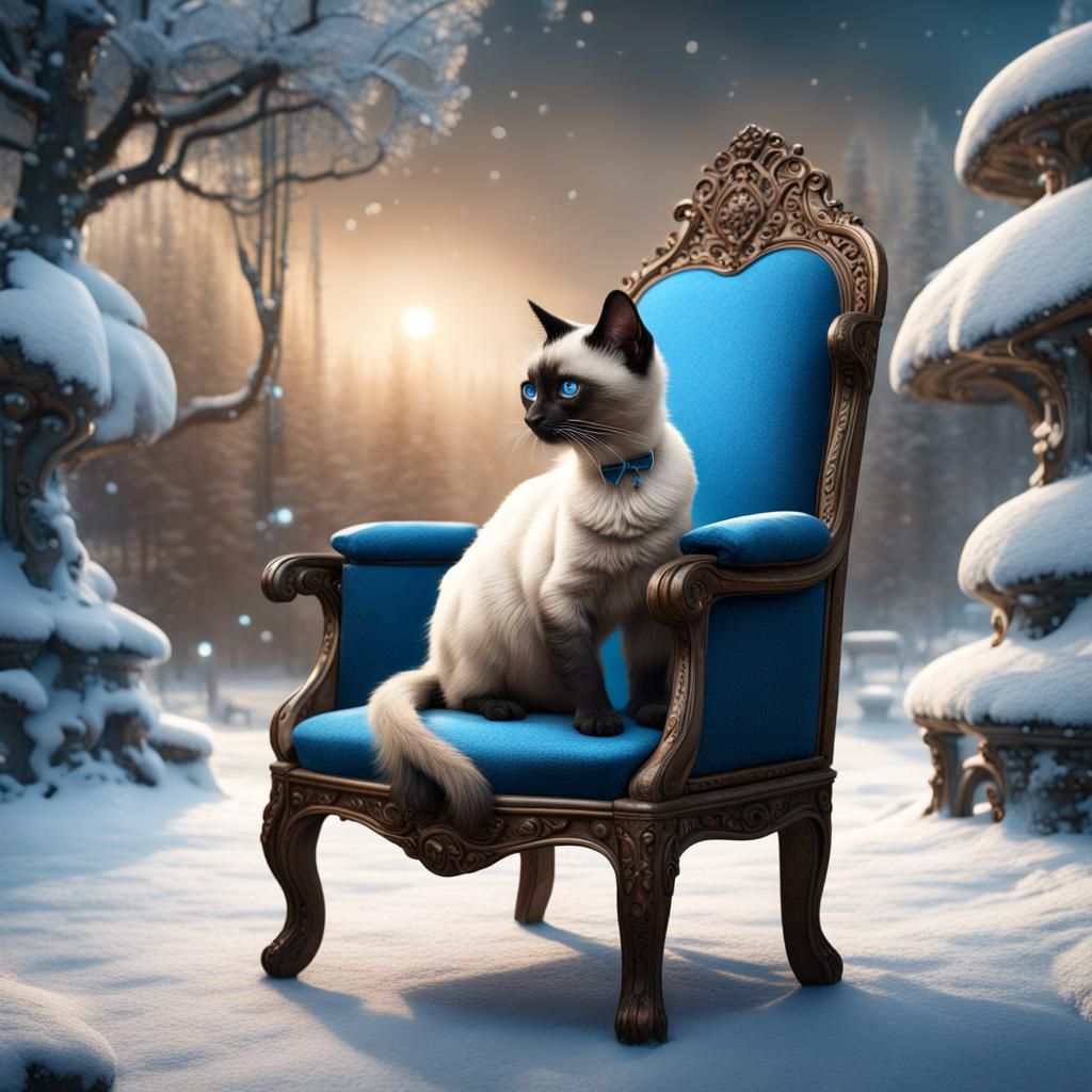 Siamese Cat on Antique Chair in Snowy Garden