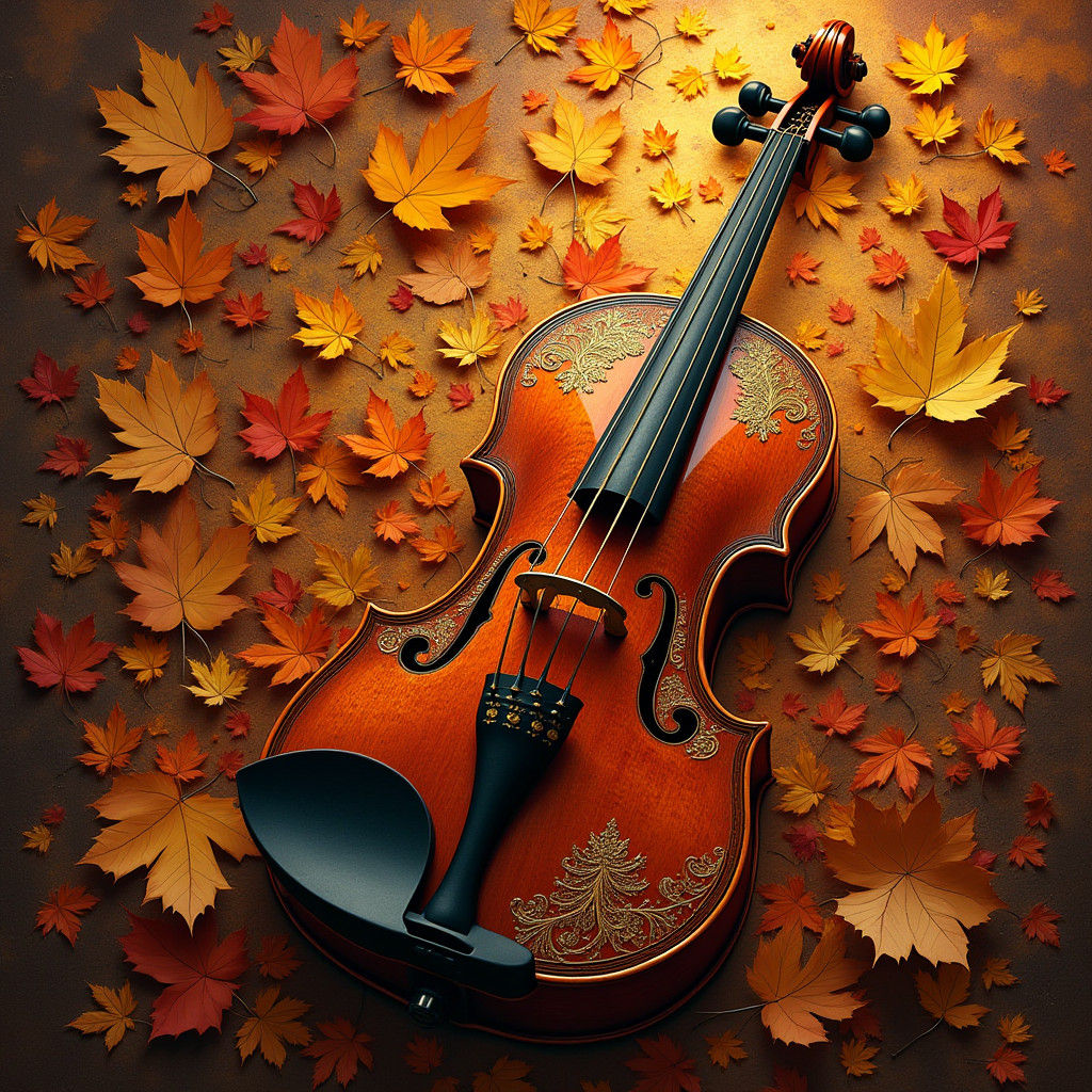 Ornate Violin Woven from Wood, Gold, and Autumn Leaves