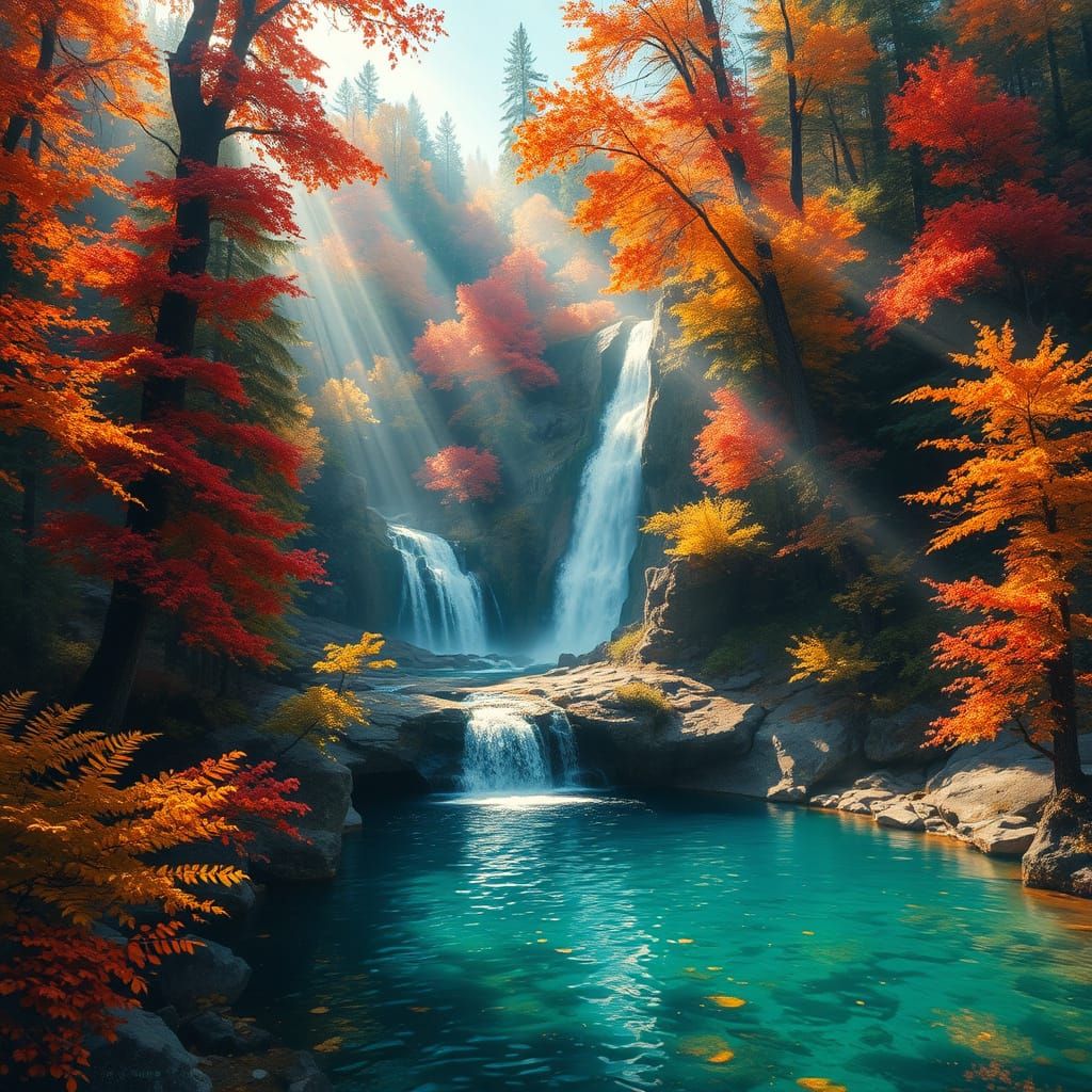A serene autumn landscape featuring a hidden waterfall casca...