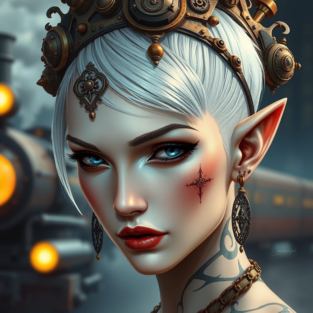 Cyber Elf Woman in Steampunk Attire with Ethereal Glow