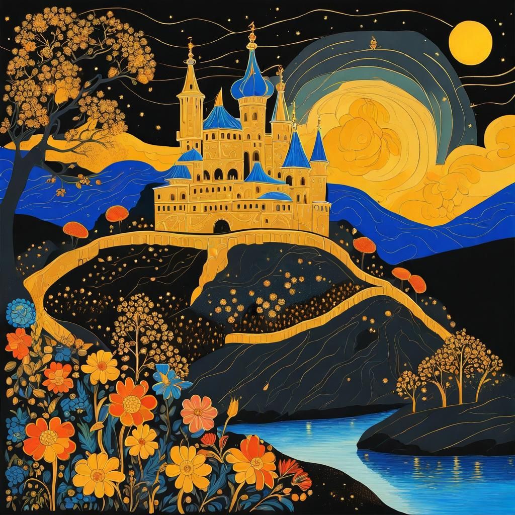 Castle on Hill by Blue River in Palekh Style