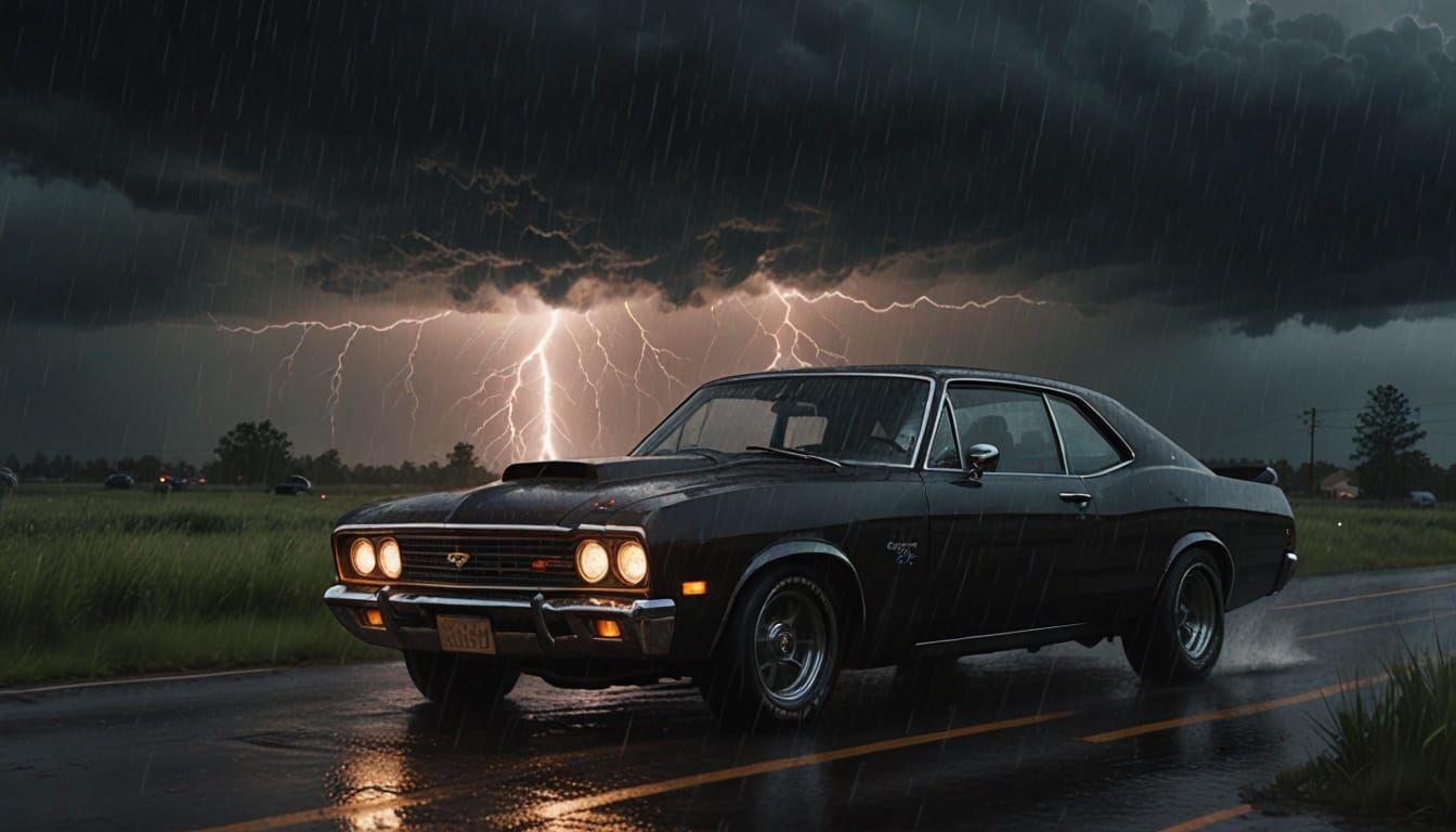 Realistic Digital Painting of a Car in a Fierce Storm