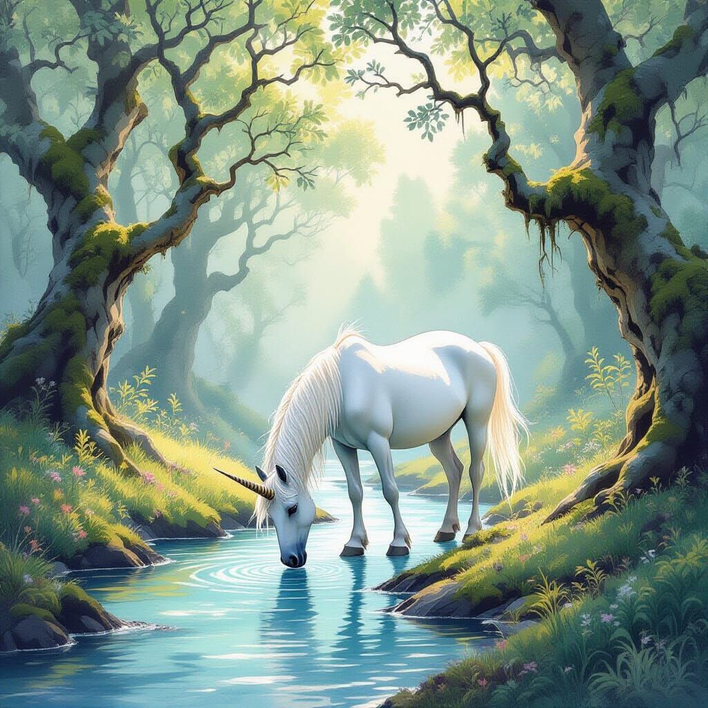 Unicorn at Crystal Stream: Watercolor Dreamscape