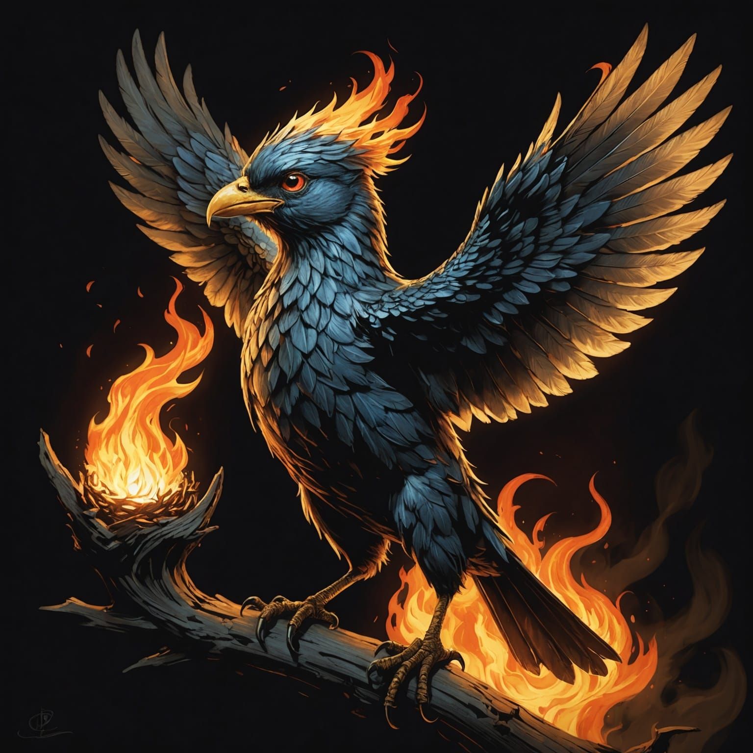 Fiery Bird in Anime Style, Chiaroscuro Lighting