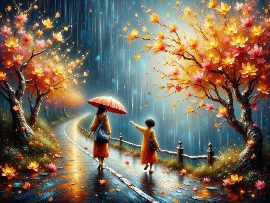 Dreamlike Rainy Qingming Festival Scene in Impasto Oil Paint...