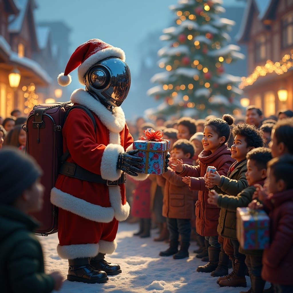 Robot Santa Delivers Gifts in Festive Village
