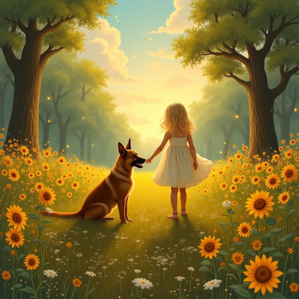 Girl and German Shepherd in Enchanted Sunflower Field