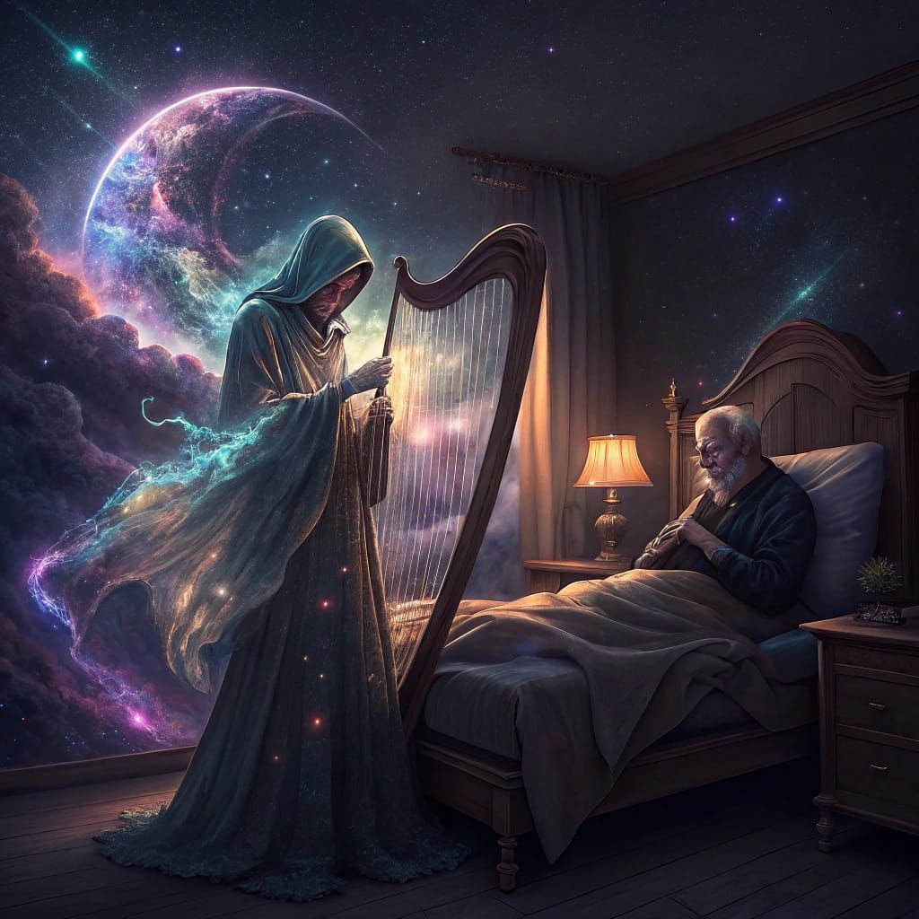 Surreal Grim Reaper Plays Harp in Cosmic Bedroom