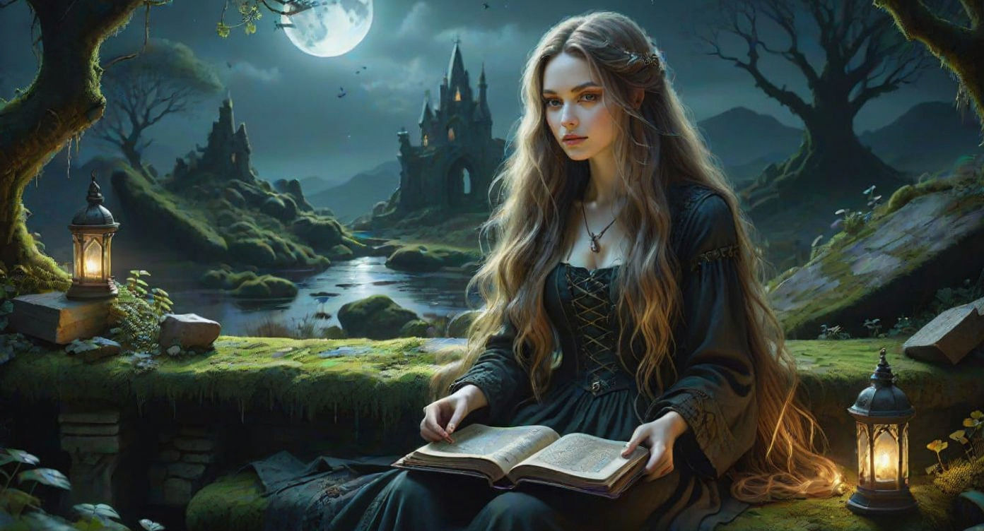 Dramatic Dark Fantasy Woman in Forgotten Garden