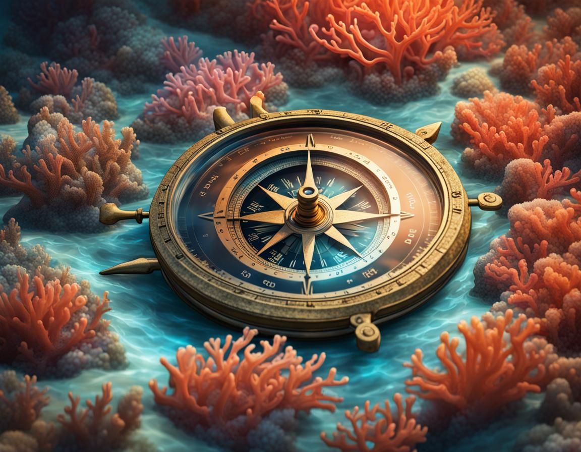Detailed Compass on Ocean Floor in Splash Art Style