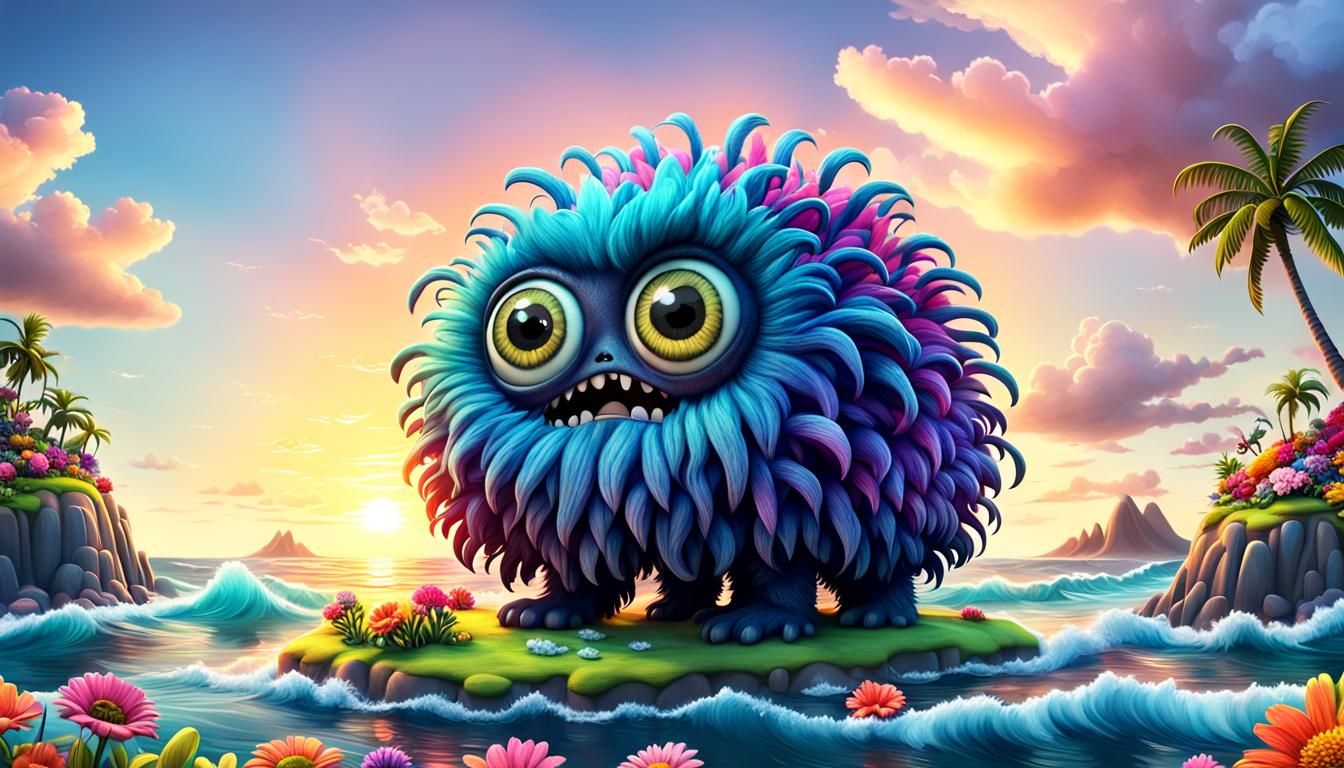 Adorable Fluffy Monster on Tropical Island