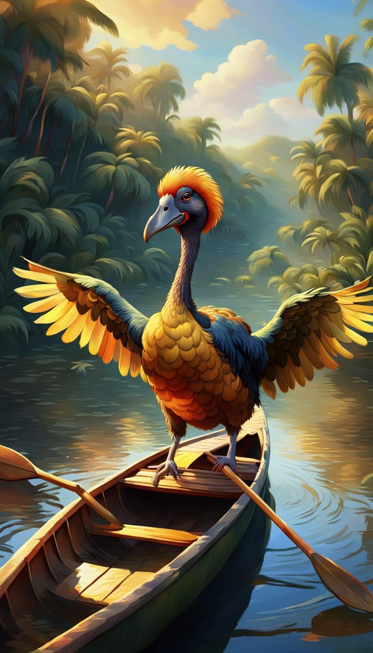 Dodo Bird in Canoe on River: Digital Painting