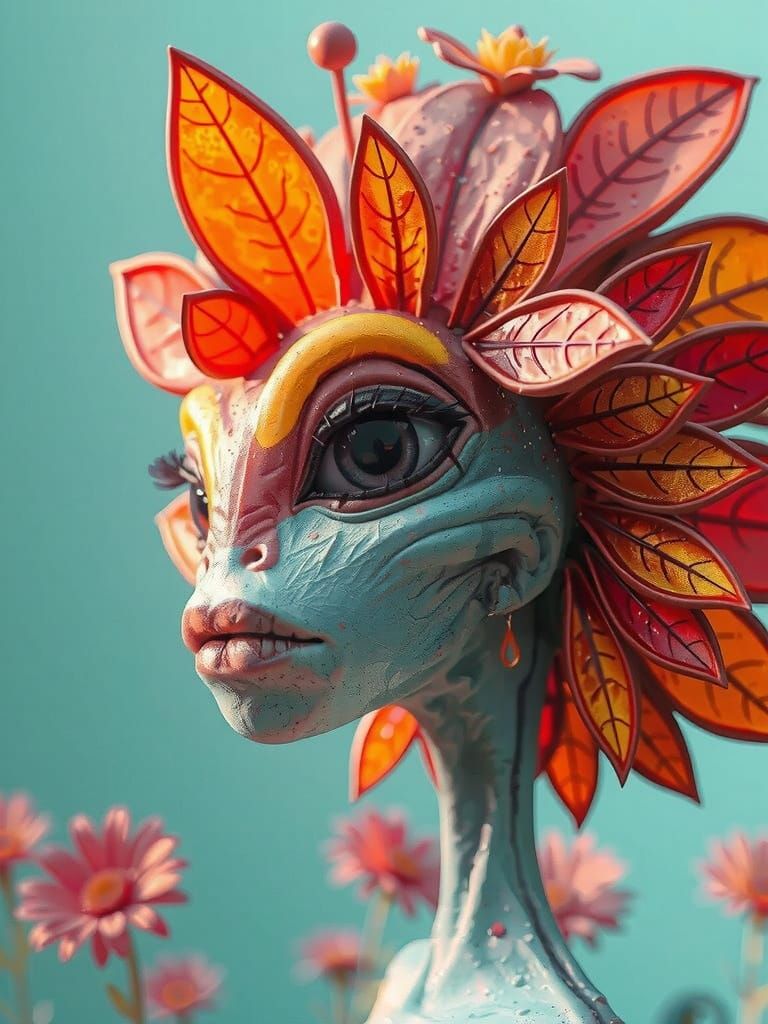 Surreal digital art. Close-up. A rainbow alien face, resembling a flower, made of glass. Macro photography. Soft pastel ...