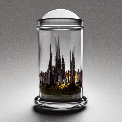 Miniature City in a Jar: Hyperrealistic Photograph