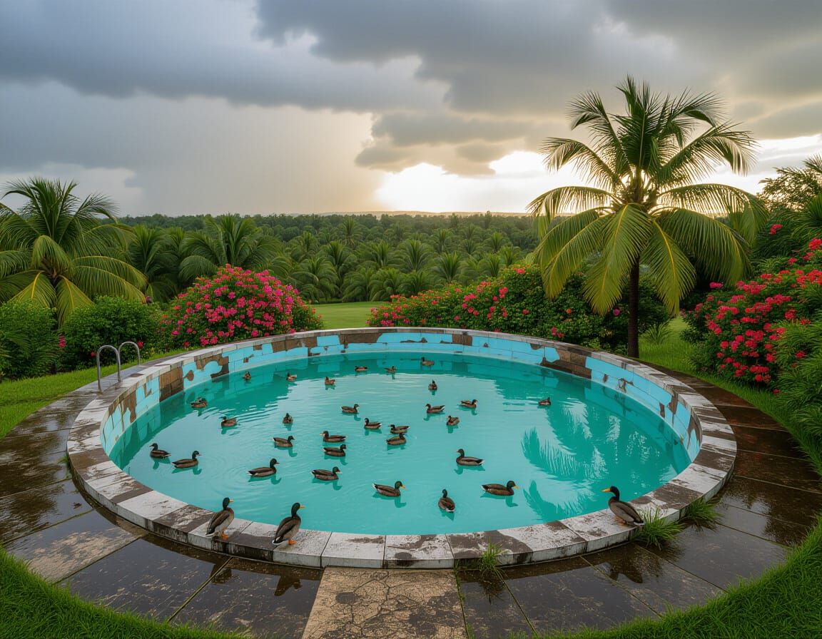 Ducks in Abandoned Pool During Thunderstorm