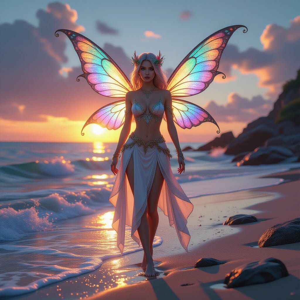 Detailed Fairy on Rocky Beach at Sunset