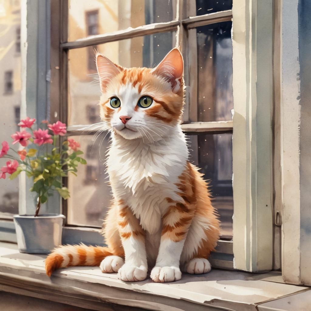 Kitten Gazing Out Window in Neo-Impressionist Watercolor