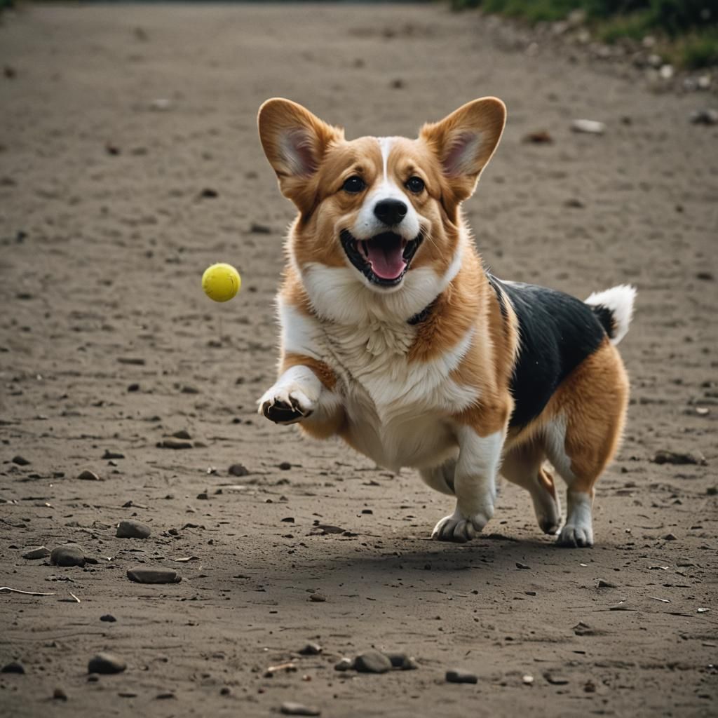 Corgi Plays Fetch: A Cinematic Film Still