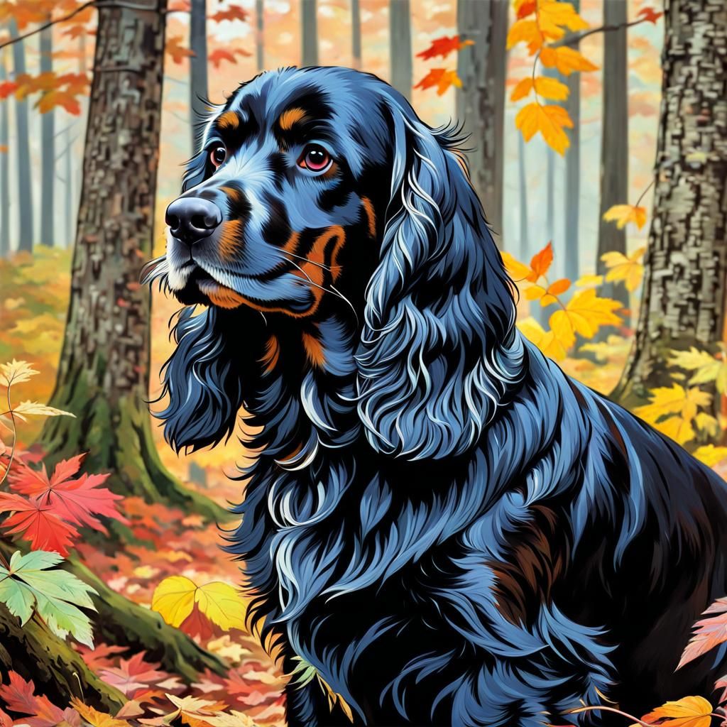 Cocker Spaniel in Autumn Forest, Pre-Raphaelite Style