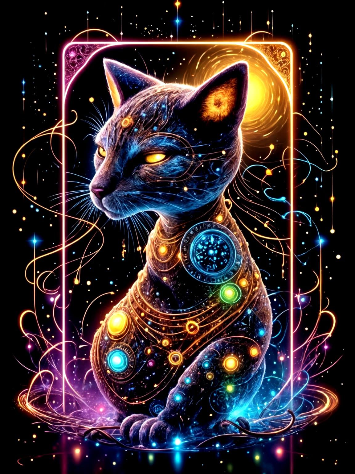 Sci-Fi Cat Tarot Card with Glowing Runes