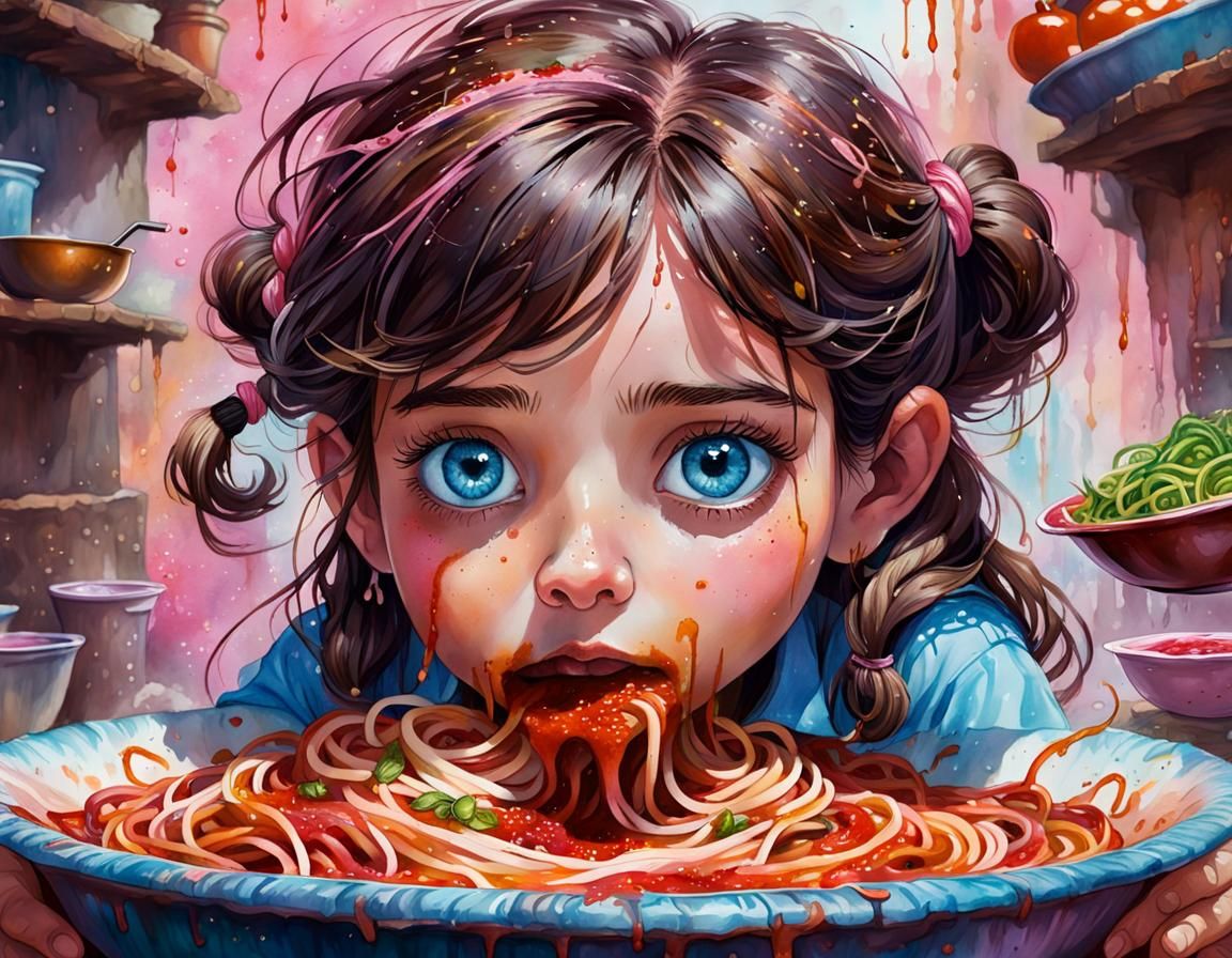 Close up  little girl with dark brown hair wearing a pink shirt, blue eyes, eating giant bowl spaghetti with sauce ,very...